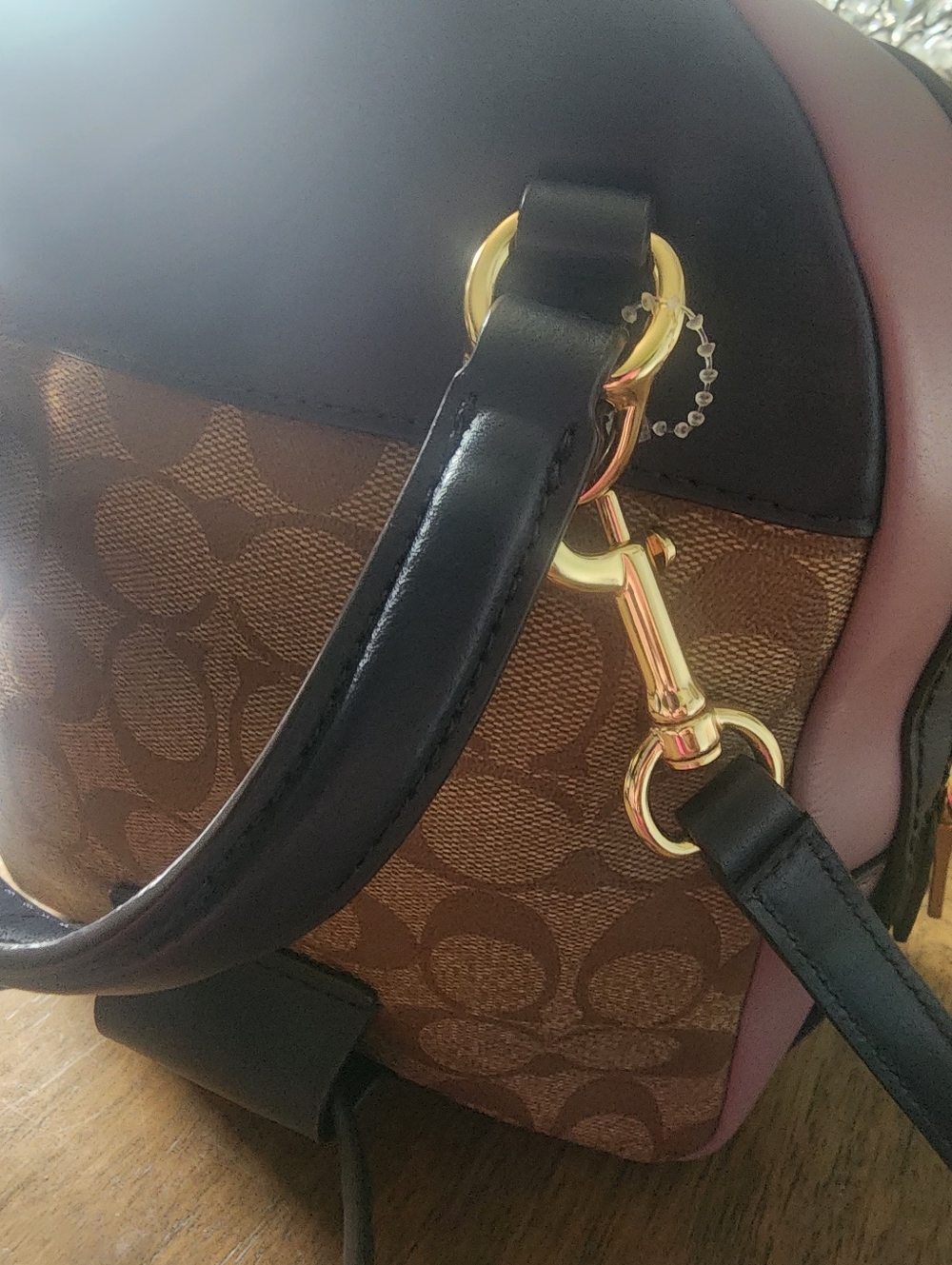 NWOT Coach Brown Signature Canvas Mini Backpack with Pink Trim & Navy Accents - Picture 7 of 8